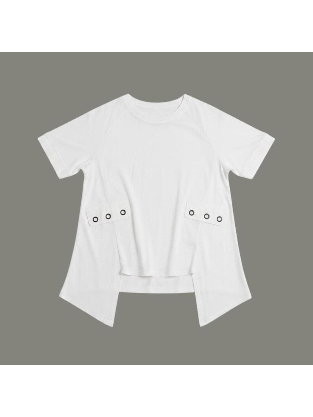 Patrizia Luca White Short Sleeve Asymmetric Hem T-Shirt with Grommet Details